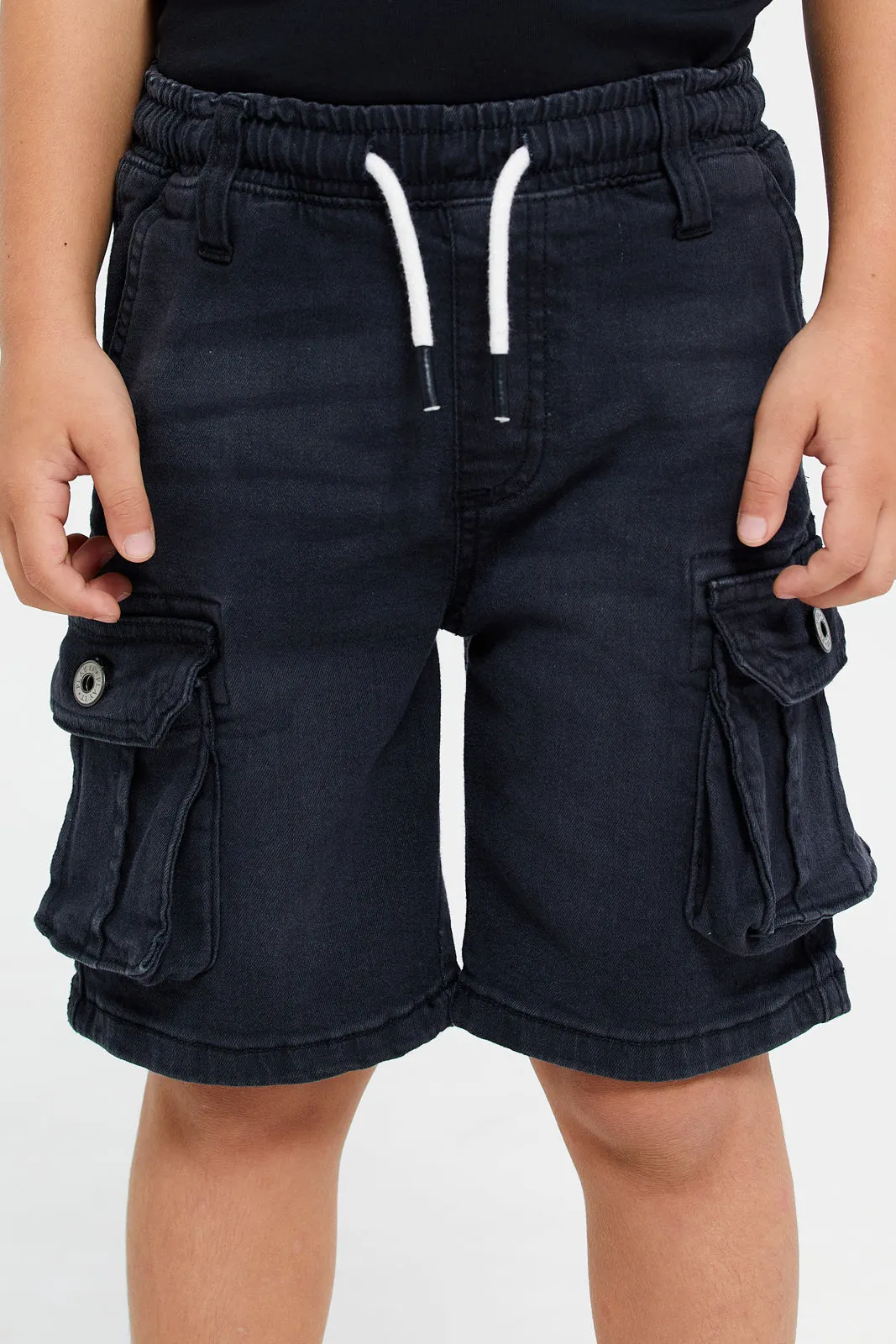 Boys Black Utility Pocket Paneled Shorts