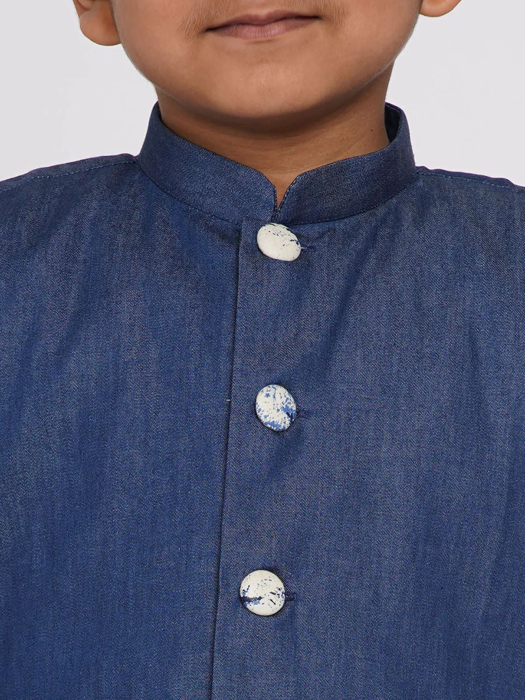 Boy's Denim Nehru Jacket with Marble Kurta and Denim Pants - Denim Blue - Little Bansi Boys