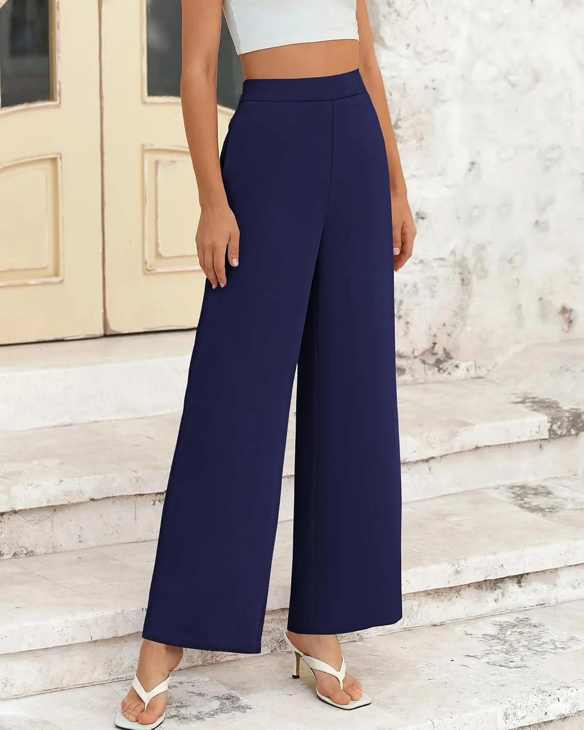 BTFBM Womens Wide Leg Pants Dressy Casual Elastic High Waisted Palazzo Business Lounge Trousers with Pockets