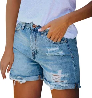 Denim Shorts Women Casual Mid Waist Stretch Vintage Shorts Jeans Solid Raw Hem Hot Shorts