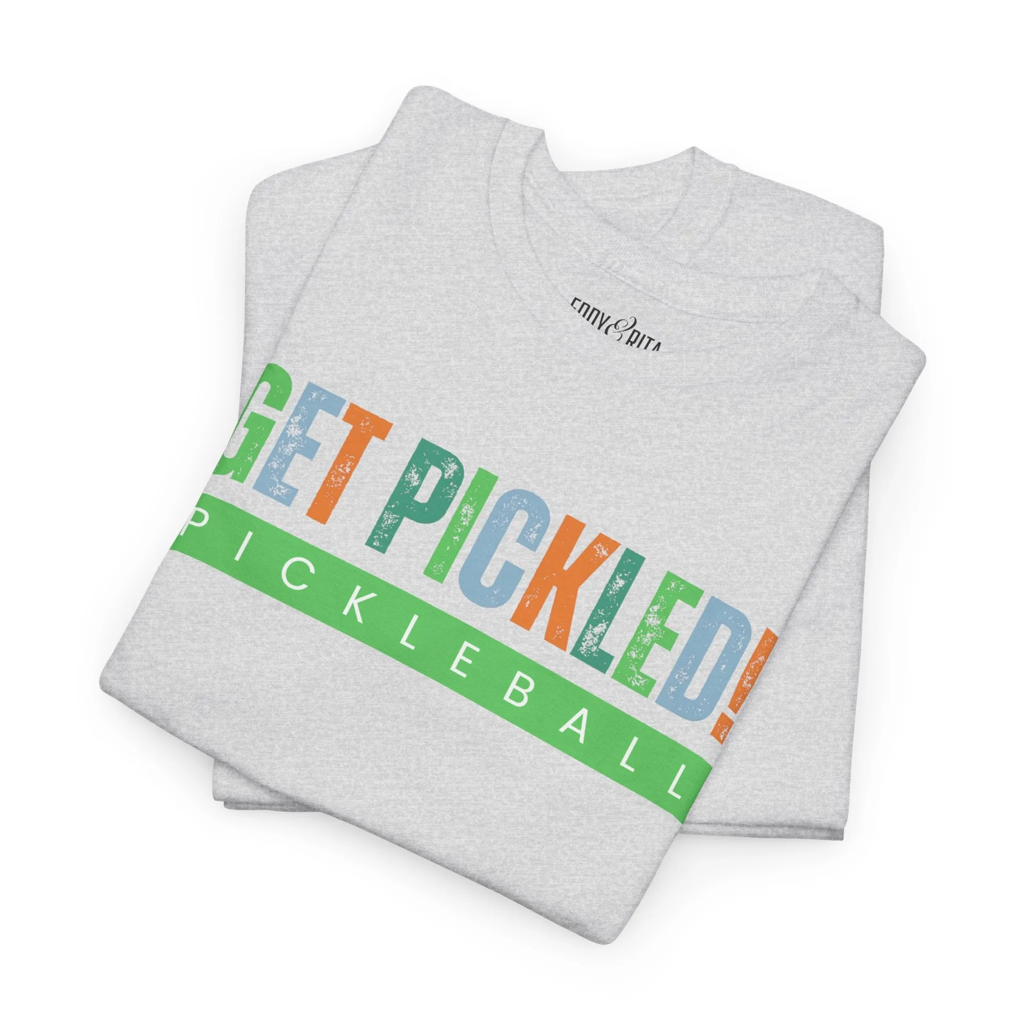 Eddy and Rita Men's Heavy Cotton T-Shirt - "Get Pickled! Pickleball" Graphic Tee for Pickleball Enthusiasts