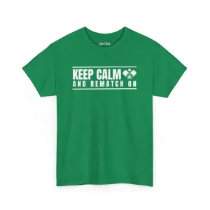 Eddy and Rita Men's Heavy Cotton T-Shirt - "Keep Calm and Rematch On Pickleball" Graphic Tee for Pickleball Enthusiasts