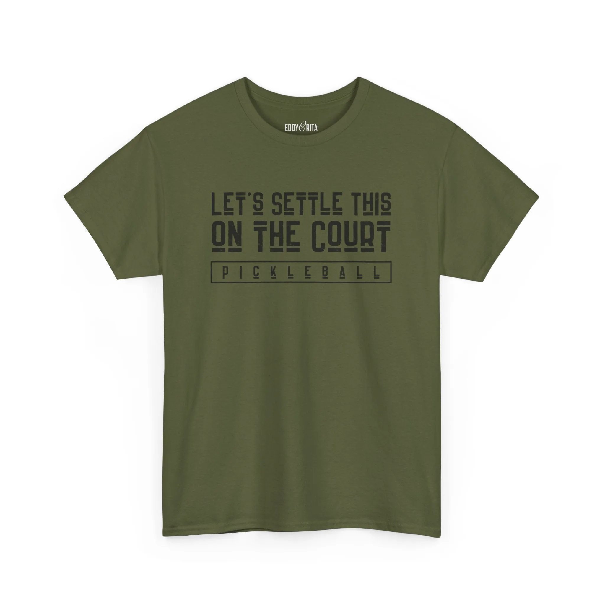 Eddy and Rita Men's Heavy Cotton T-Shirt - "Let's Settle This on the Court Pickleball" Graphic Tee for Pickleball Enthusiasts