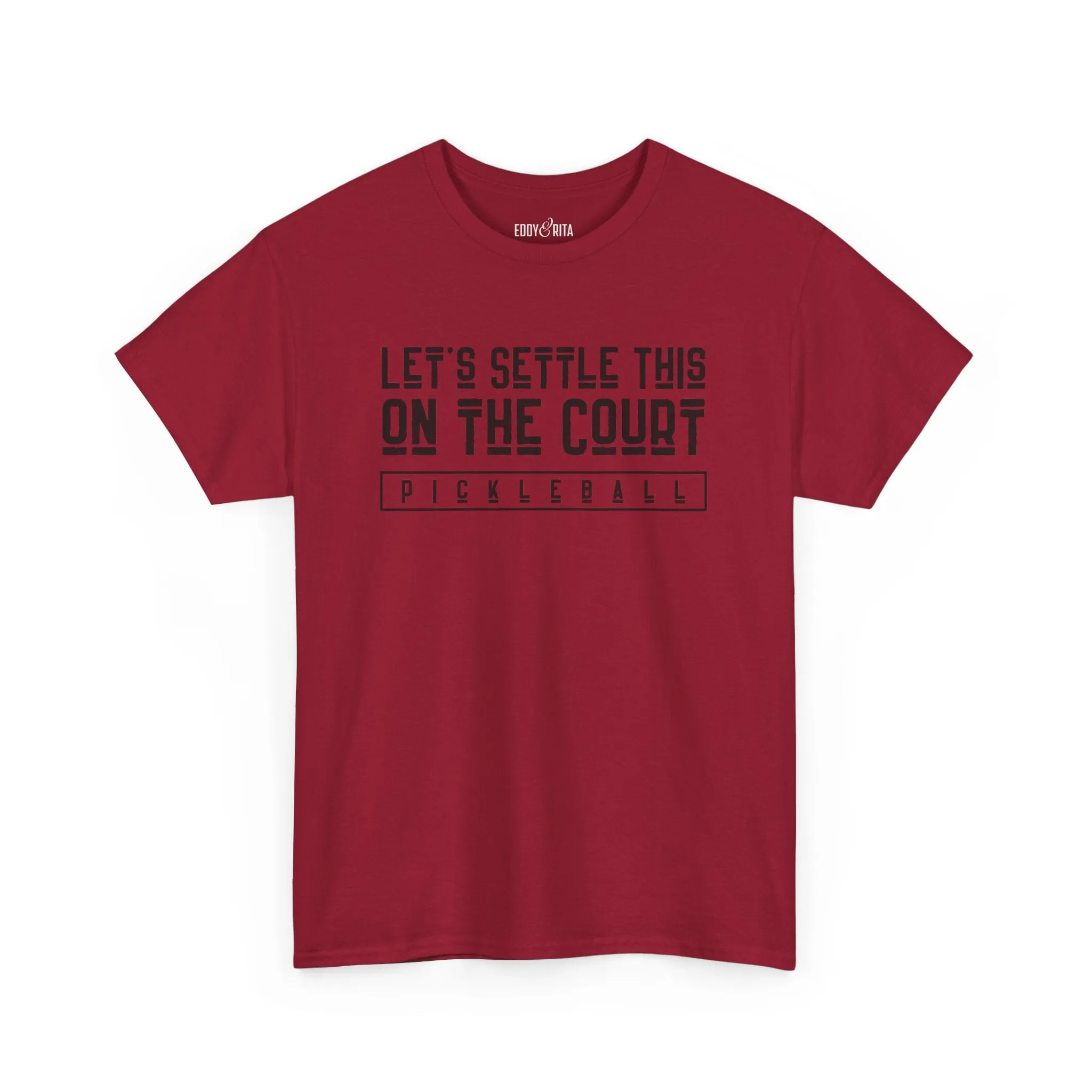 Eddy and Rita Men's Heavy Cotton T-Shirt - "Let's Settle This on the Court Pickleball" Graphic Tee for Pickleball Enthusiasts
