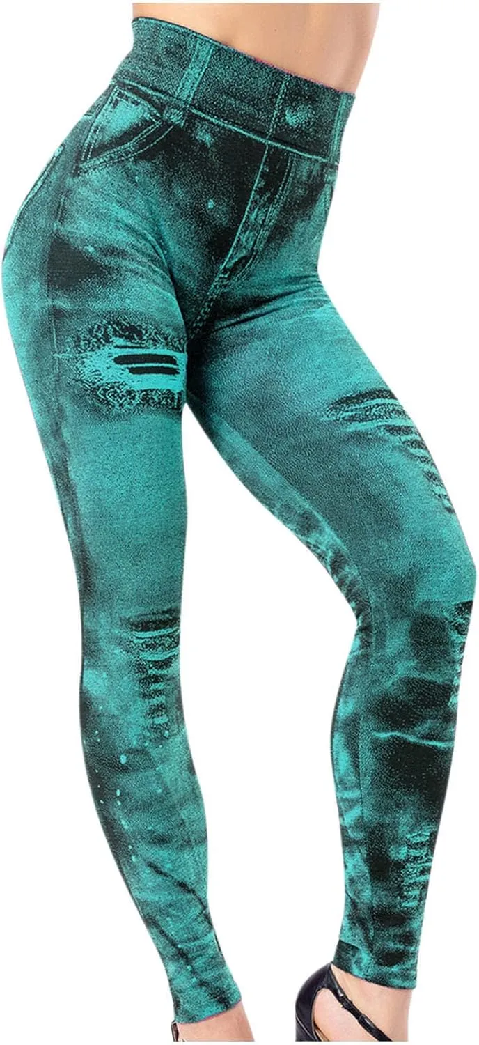 Faux Denim Leggings for Women Fashion High Waisted Yoga Pants Distressed Ripped Jeggings Tights Stretch Denim Jeans