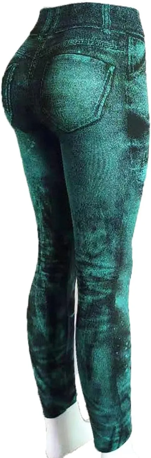 Faux Denim Leggings for Women Fashion High Waisted Yoga Pants Distressed Ripped Jeggings Tights Stretch Denim Jeans