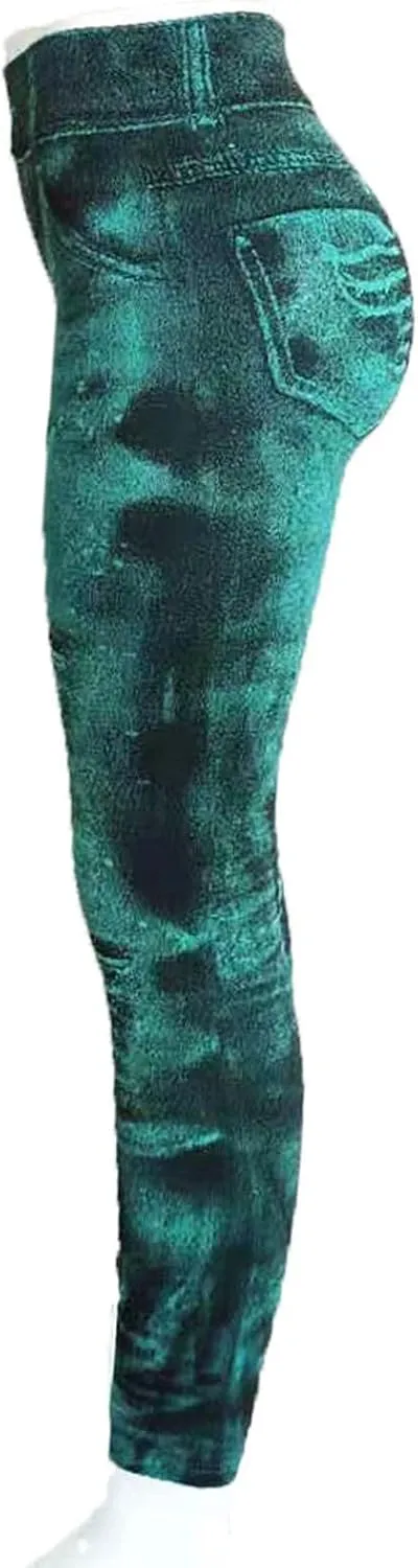 Faux Denim Leggings for Women Fashion High Waisted Yoga Pants Distressed Ripped Jeggings Tights Stretch Denim Jeans