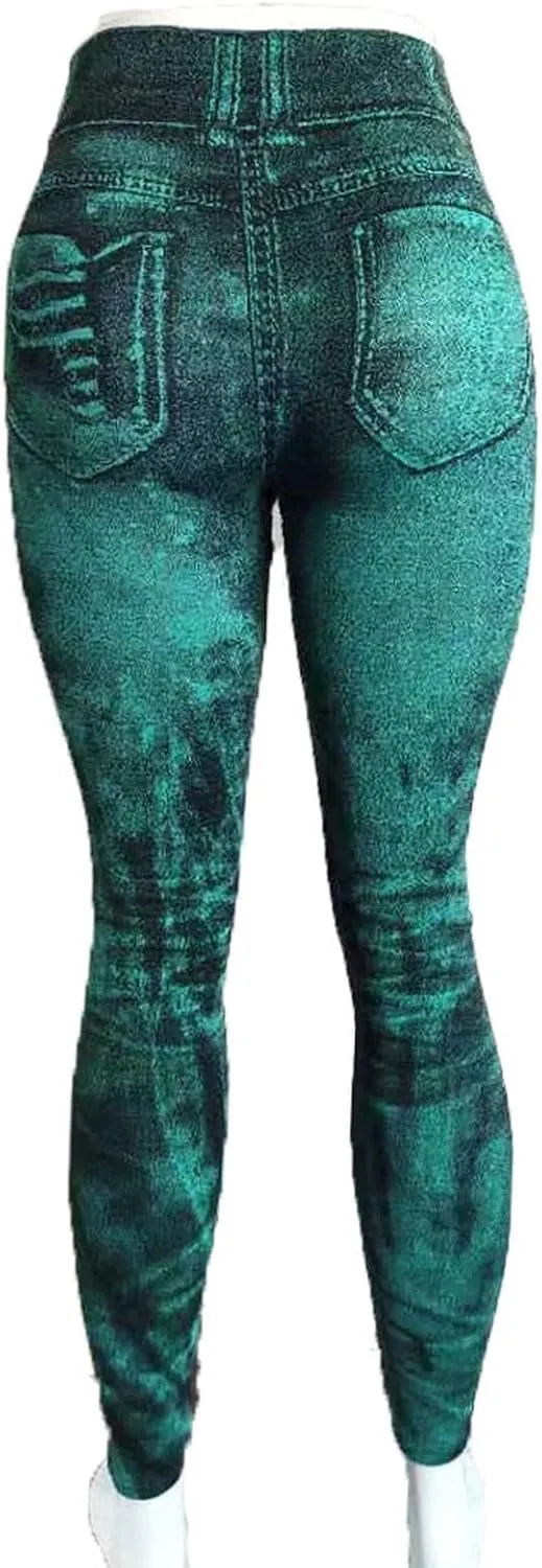 Faux Denim Leggings for Women Fashion High Waisted Yoga Pants Distressed Ripped Jeggings Tights Stretch Denim Jeans