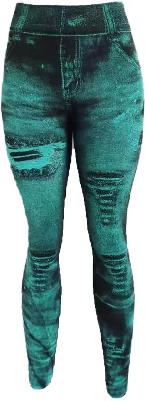 Faux Denim Leggings for Women Fashion High Waisted Yoga Pants Distressed Ripped Jeggings Tights Stretch Denim Jeans