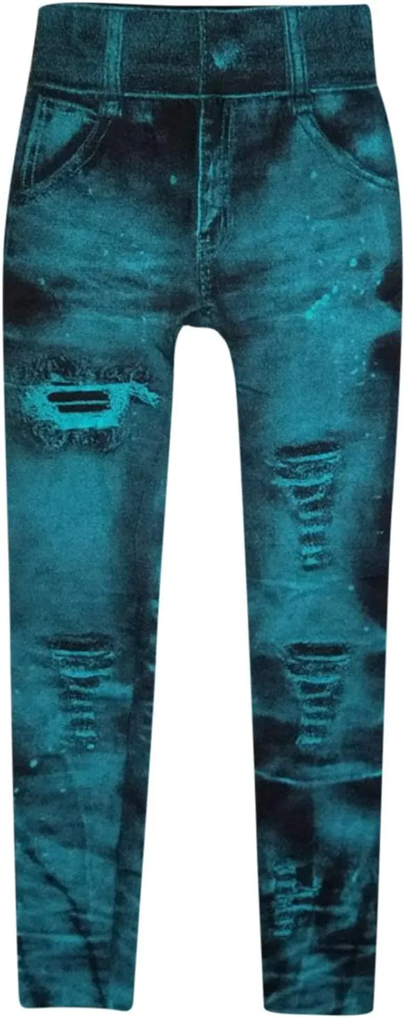 Faux Denim Leggings for Women Fashion High Waisted Yoga Pants Distressed Ripped Jeggings Tights Stretch Denim Jeans