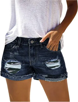 iLH Women's Sexy Summer Mid Waist Ripped Jean, Women's High Waisted Rolled Hem Distressed Jeans Ripped Denim Shorts