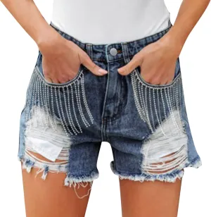 iLH Women's Sexy Summer Mid Waist Ripped Jean, Women's High Waisted Rolled Hem Distressed Jeans Ripped Denim Shorts