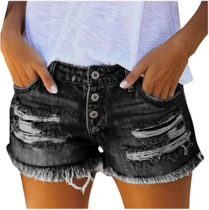 iLH Women's Sexy Summer Mid Waist Ripped Jean, Women's High Waisted Rolled Hem Distressed Jeans Ripped Denim Shorts