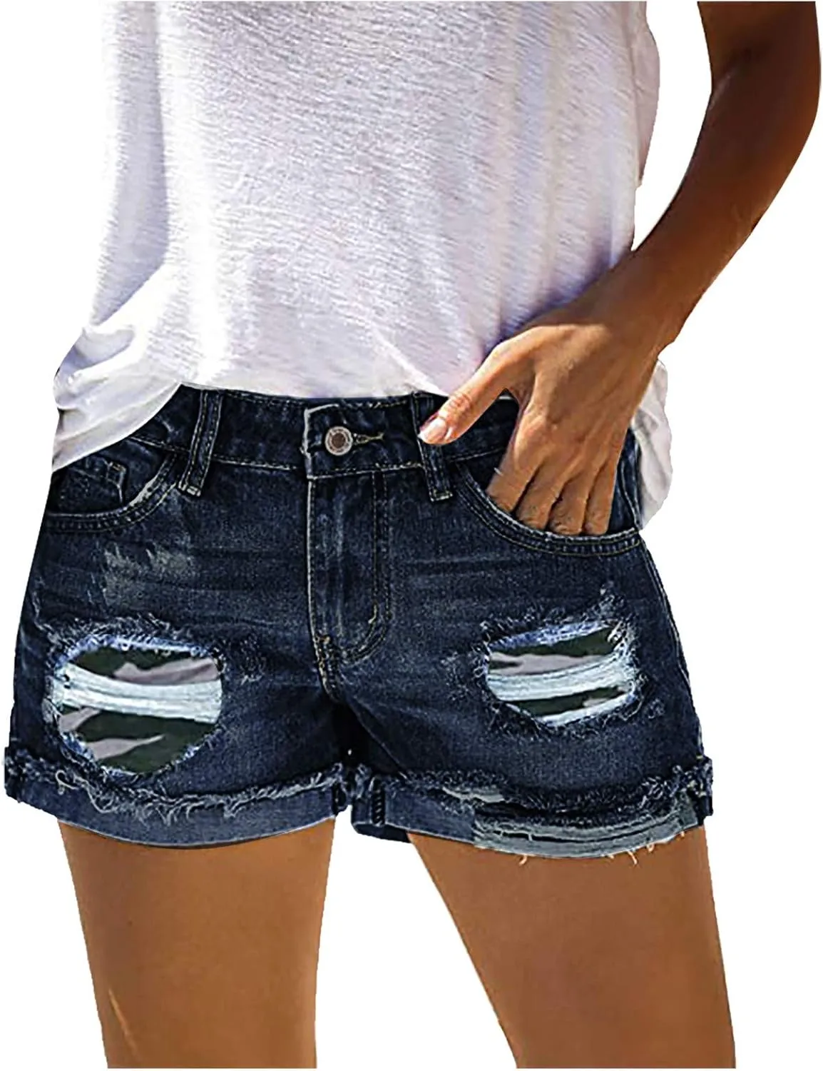 iLH Women's Sexy Summer Mid Waist Ripped Jean, Women's High Waisted Rolled Hem Distressed Jeans Ripped Denim Shorts