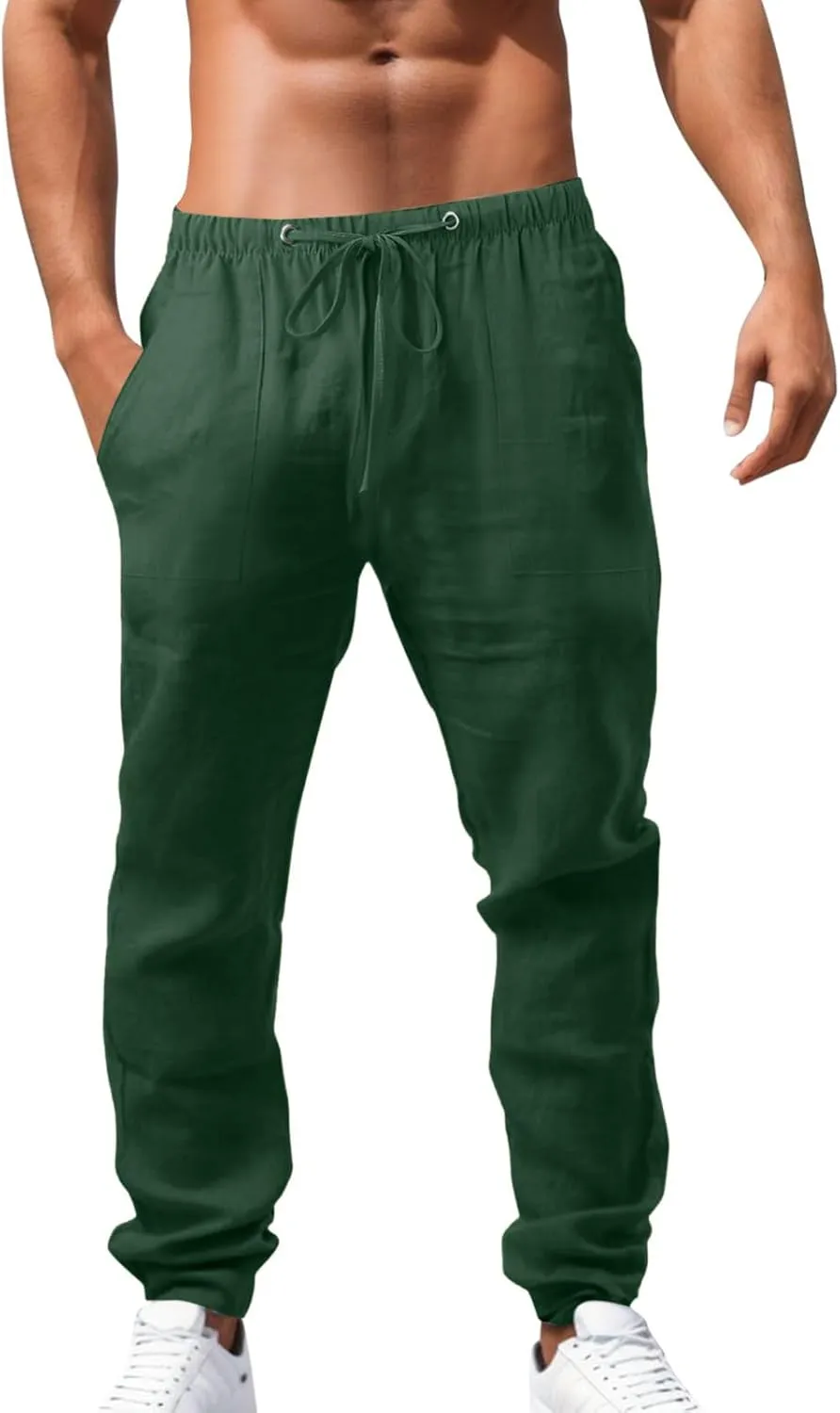 Men's Casual Cotton Linen Pants Straight Leg Jogger Yoga Pants Elastic Waist Drawstring Lounge Pants with Pockets Chino Pants