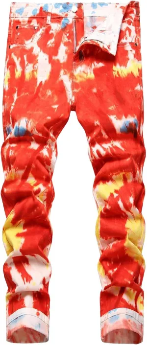 Men's Casual Denim Pants Slim Fit Stretch Comfy Print Straight Leg Jeans Classic Western Denim Trousers with Pockets