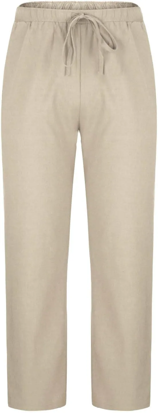 Mens Cotton Linen Pants Summer Elastic Drawstring Waist Straight Legs Beach Pant Plus Size Loose Fit Casual Trousers