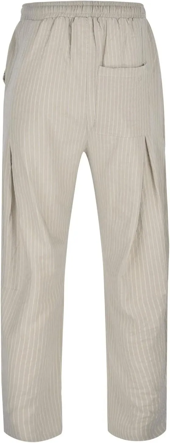 Mens Cotton Linen Striped Pants Casual Drawstring Elastic Waist Pleated Straight Leg Joggers Beach Hippie Harem Yoga Trousers