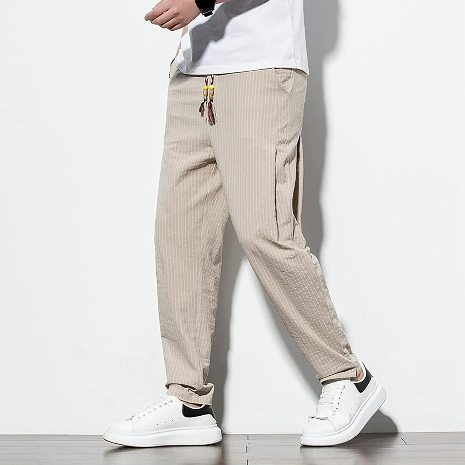 Mens Cotton Linen Striped Pants Casual Drawstring Elastic Waist Pleated Straight Leg Joggers Beach Hippie Harem Yoga Trousers