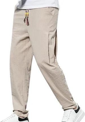 Mens Cotton Linen Striped Pants Casual Drawstring Elastic Waist Pleated Straight Leg Joggers Beach Hippie Harem Yoga Trousers