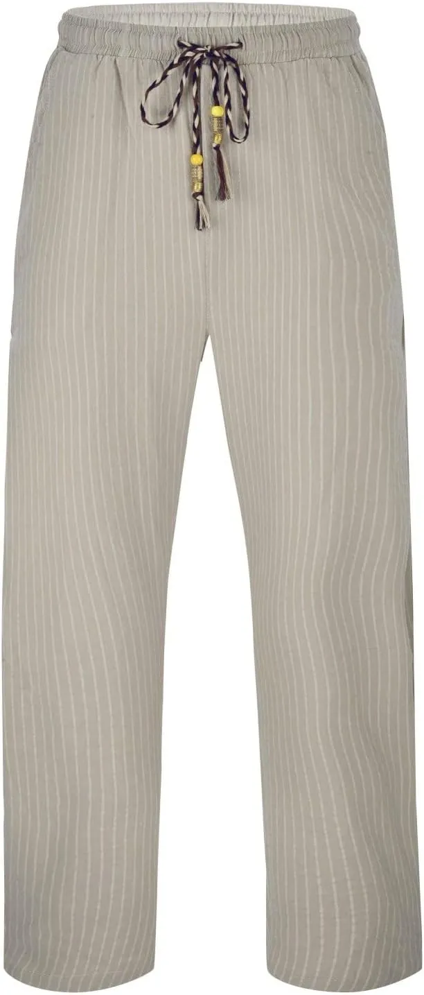 Mens Cotton Linen Striped Pants Casual Drawstring Elastic Waist Pleated Straight Leg Joggers Beach Hippie Harem Yoga Trousers