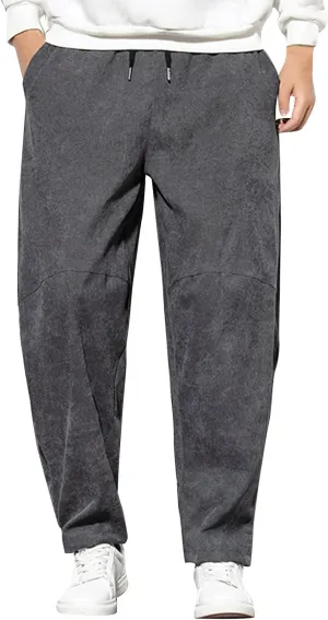 Men's Solid Casual Pants Corduroy Elastic Waist Straight Leg Streetwear Pants Drawstring Loose Trousers Plus Size