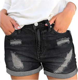 Sexy Denim Shorts for Women Ripped High Waisted Stretchable Mom Jean Shorts Plain Color Casual Rolled Up Hem Hot Shorts Summer Shorts for Women