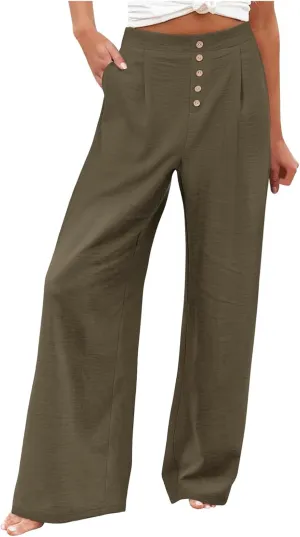 Womens Cotton Linen Palazzo Pants High Waist Wide Leg Button Fly Trousers Summer Casual Comfy Loose Fit Pants for Ladies