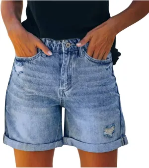 Womens Ripped Denim Shorts Mid Rise Stretch Pure Color Trendy Vintage Jean Shorts Rolled Up Hem Slim Shorts