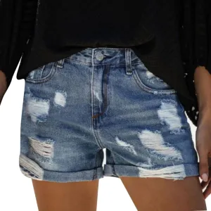 Womens Sexy Hole Denim Shorts Mid Rise Stretchy Solid Cute Vintage Jeans Shorts Rolled Hem Slim Shorts